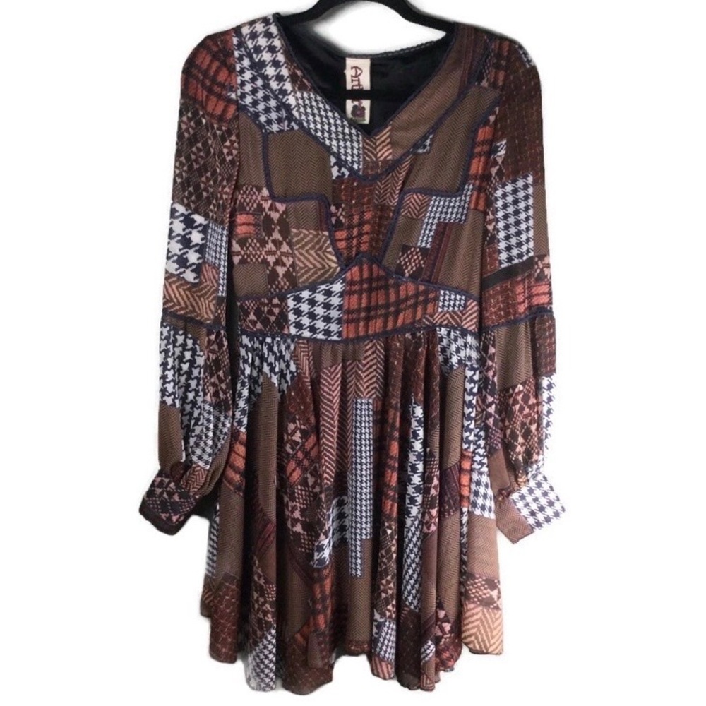 NWT Artka Mixed Print Plaid V-Neck Bishop Sleeve Flowy Mini Dress